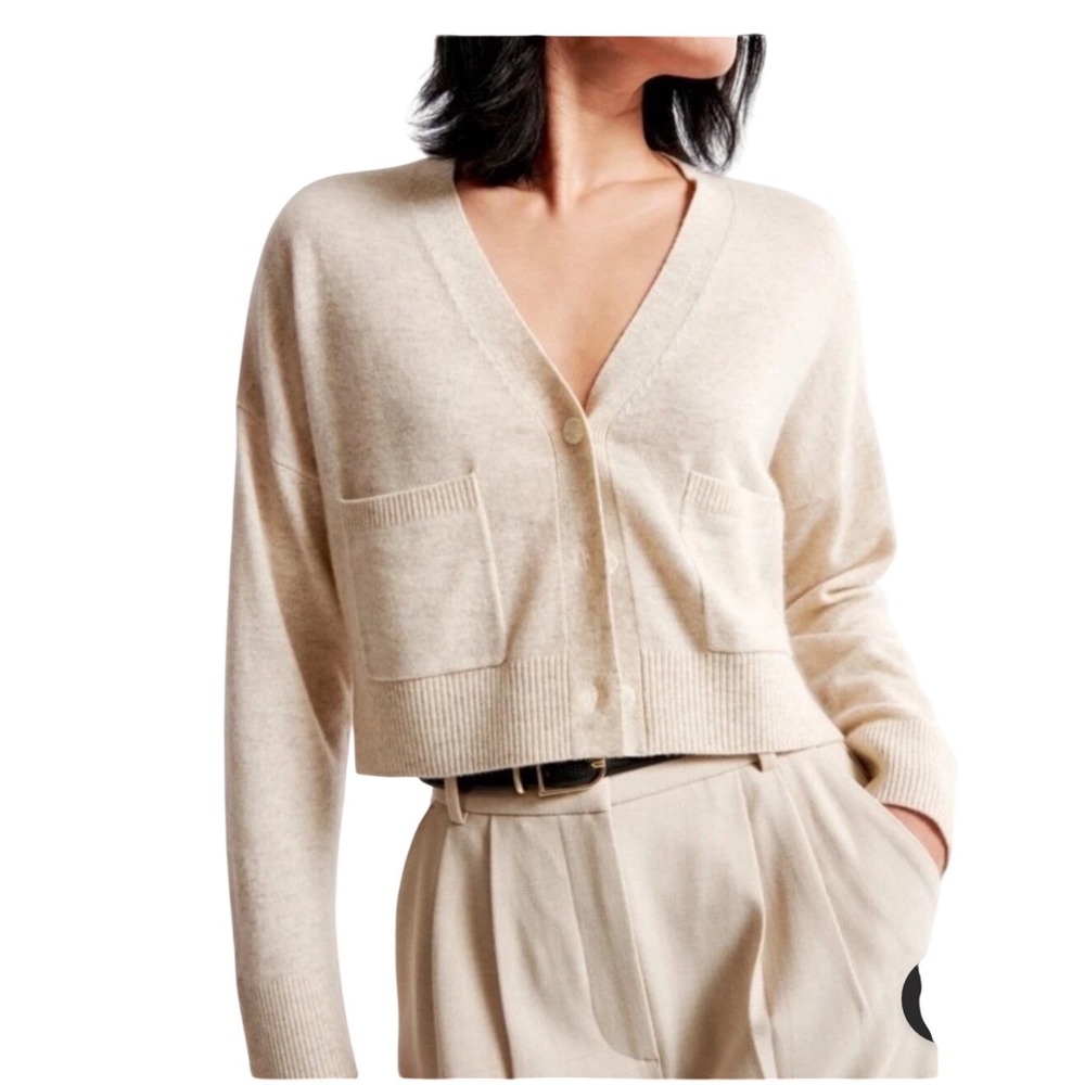 Beige V-Neck Button Front Cropped Cardigan Sweater - Women